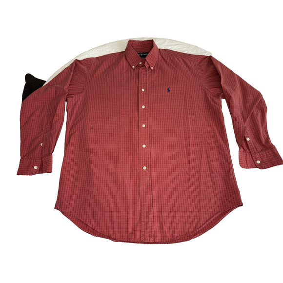 Ralph Lauren Men's Button Up Shirt, Blake Medium Red/Blue Check Navy Pony Preppy - Picture 1 of 10